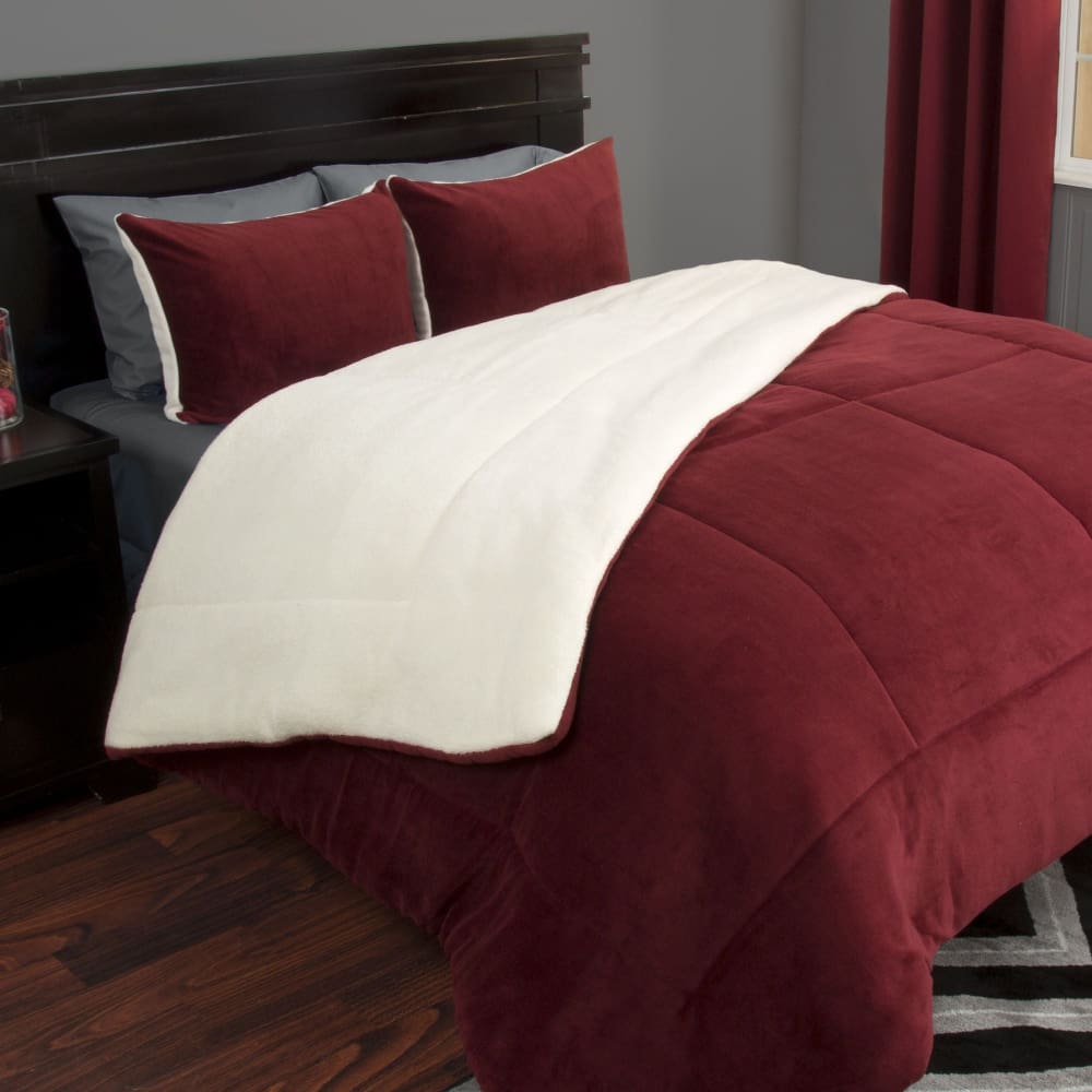 Lavish Home Sherpa/Fleece Comforter Set - Burgundy - Lavish