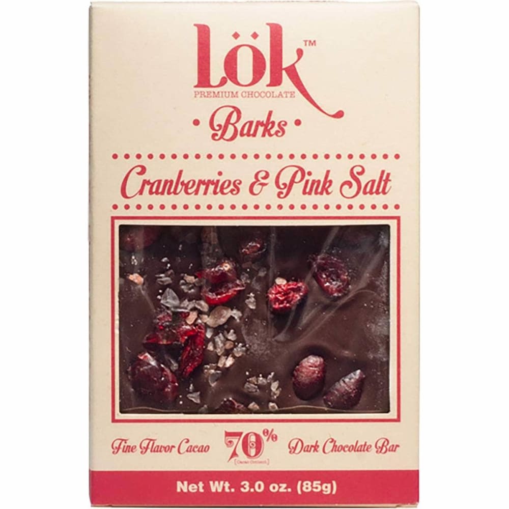 LOK FOODS Grocery > Chocolate, Desserts and Sweets > Chocolate LOK FOODS Choc Bark Crnbry Pslt 70, 3 oz