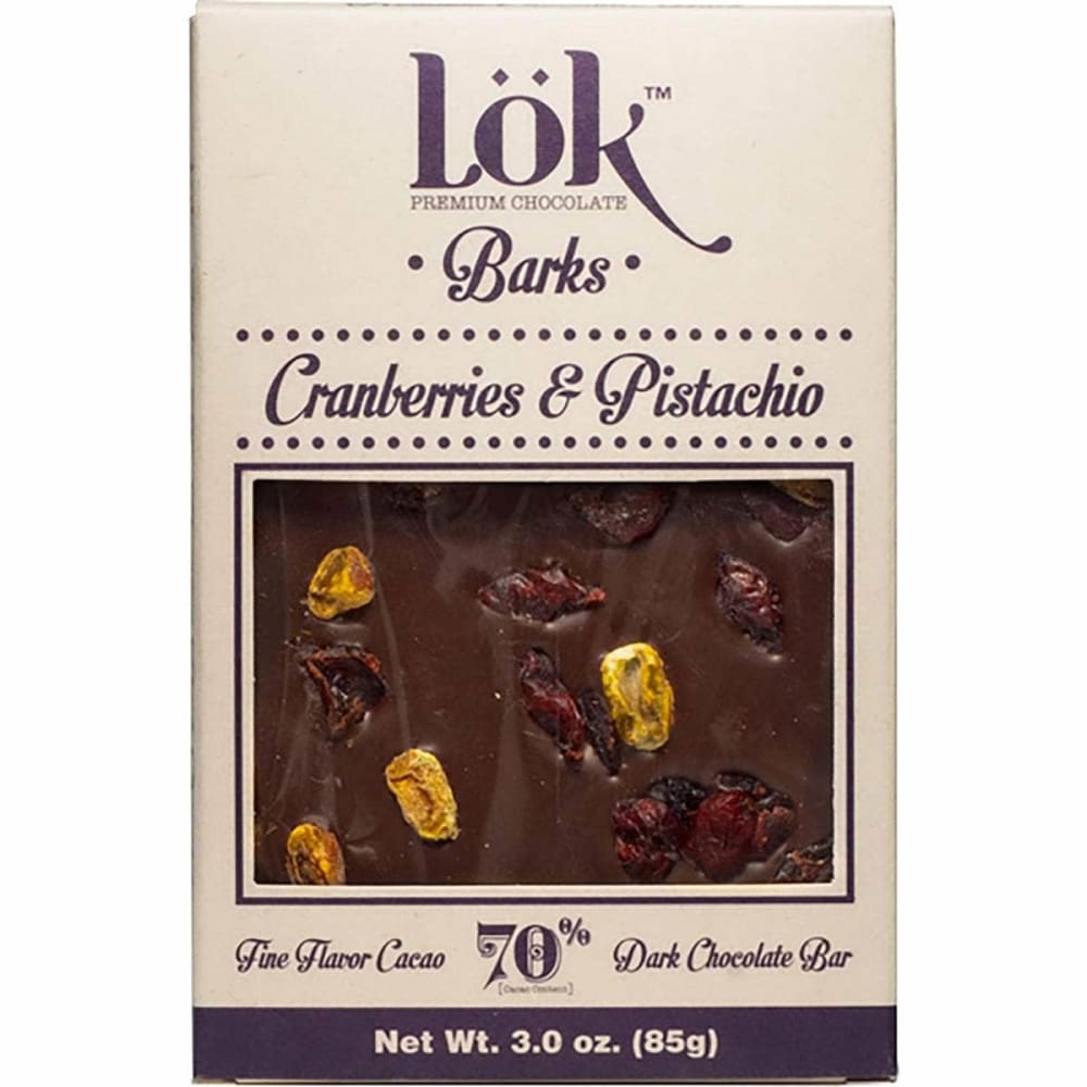 LOK FOODS Grocery > Chocolate, Desserts and Sweets > Chocolate LOK FOODS Choc Bark Crnbry Pist 70, 3 oz