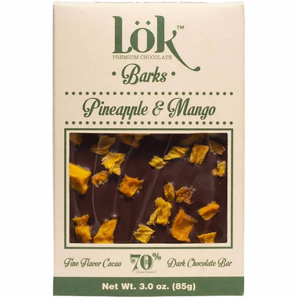 LOK FOODS Grocery > Chocolate, Desserts and Sweets > Chocolate LOK FOODS Choc Bark Pnapl Mngo 70, 3 oz
