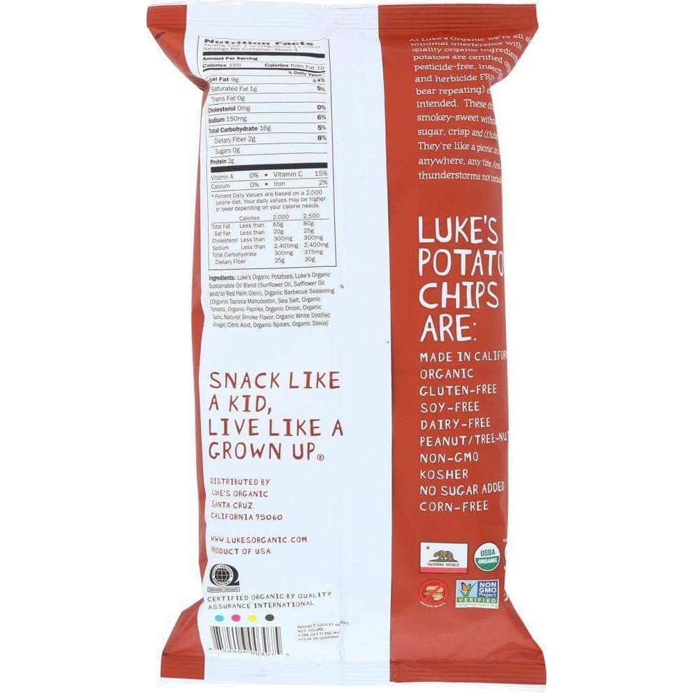 Lukes Organic Lukes Organic Chips Potato Barbeque Organic, 4 oz
