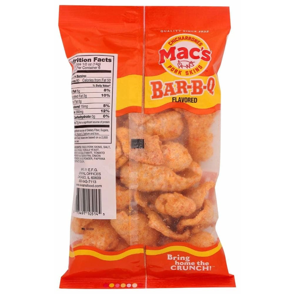 MACS Grocery > Snacks > Chips > Snacks Other MACS Bar B Q Flavored Fried Pork Skins, 3 oz