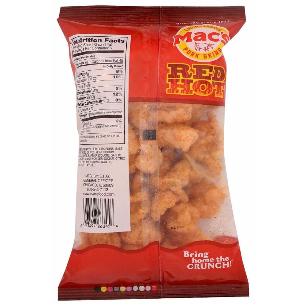 MACS Grocery > Snacks > Chips > Snacks Other MACS Red Hot Fried Pork Skins, 3 oz