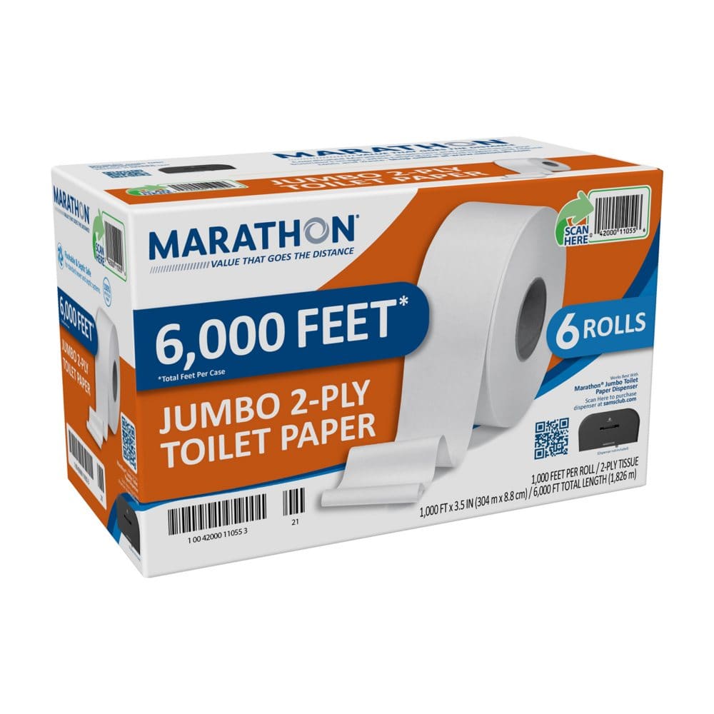 Marathon Jumbo Roll 2-Ply Toilet Paper Septic Safe (1000 ft./roll 6 rolls) (Pack of 10) - Paper & Plastic - Marathon