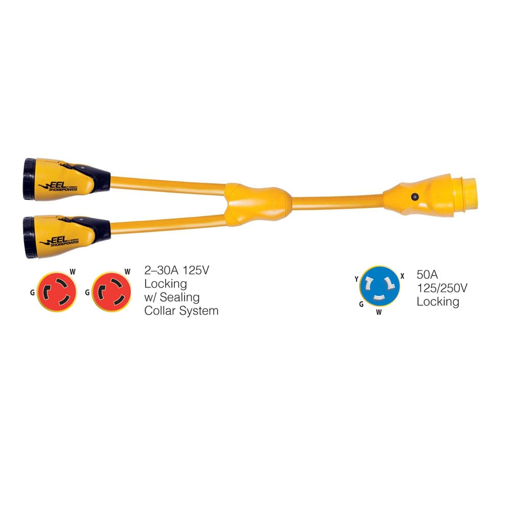Marinco Y504-2-30 EEL (2)-30A-125V Female to (1)50A-125/ 250V Male Y Adapter - Yellow - Electrical | Shore Power,Boat Outfitting | Shore
