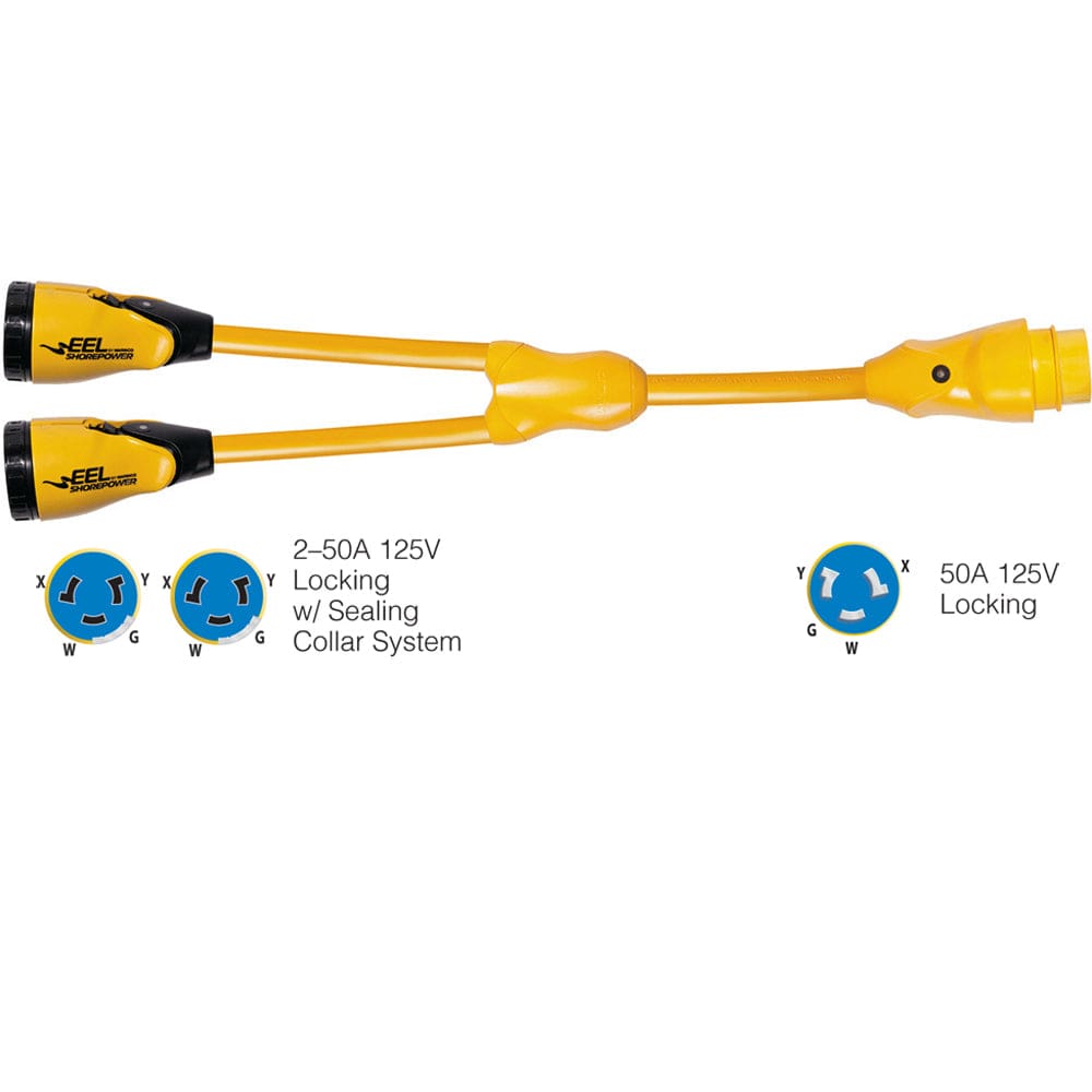 Marinco Y504-2-504 EEL (2)50A-125/ 250V Female to (1)50A-125/ 250V Male Y Adapter - Yellow - Electrical | Shore Power,Boat Outfitting |