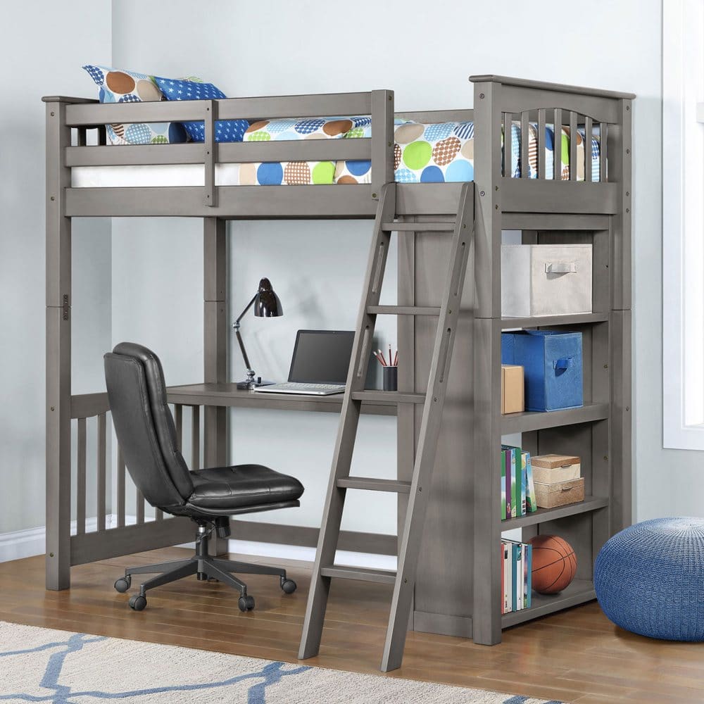 Maxson Twin Loft Bed With Desk And Bookshelf Gray Finish - Bedroom Furniture - Maxson