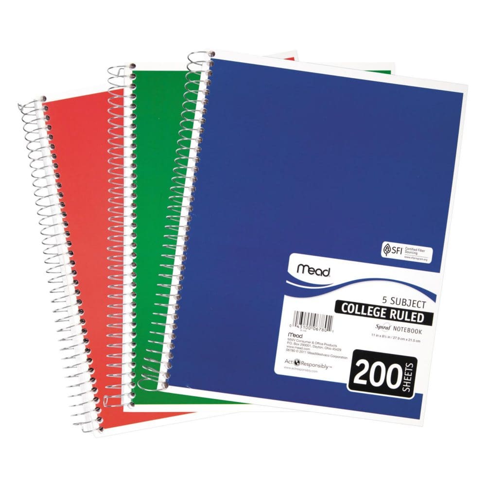 Mead 5 Subject Notebook College Rule 8-1/2 x 11 White 200 Sheets per Pad (Pack of 4) - Writing Pads Notebooks & Envelopes - Mead
