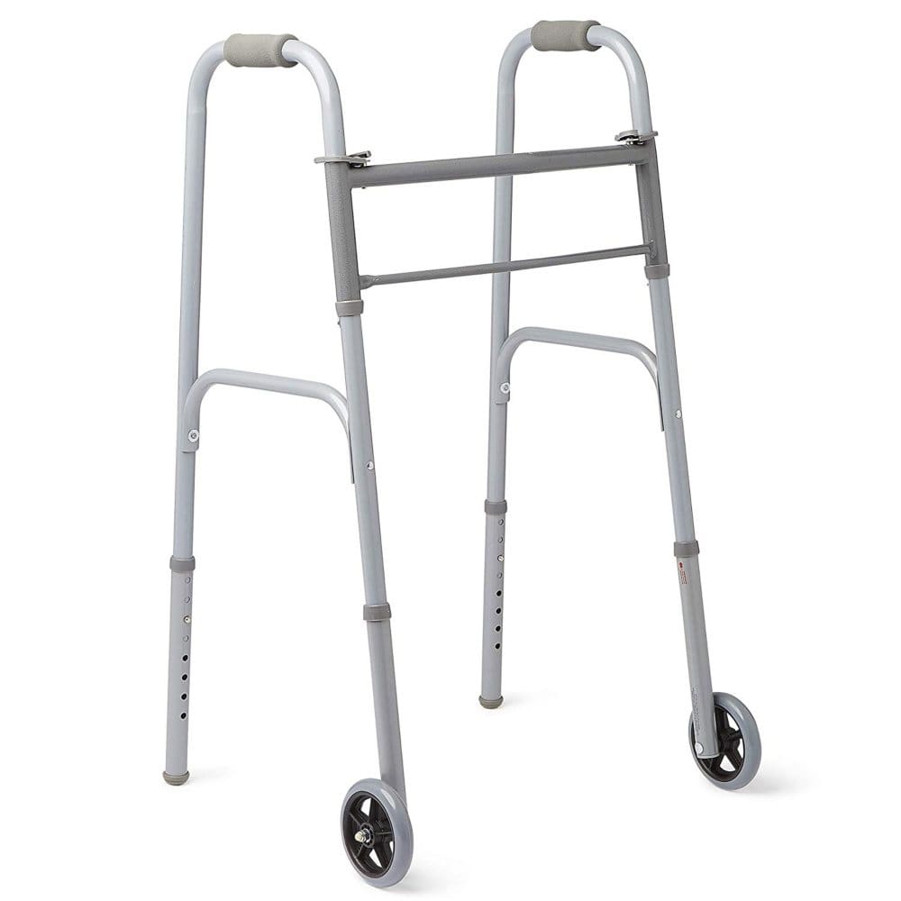 Medline Adjustable Easy Care Two-Button Folding Walker With 5 Wheels Gray - Mobility Aids - Medline