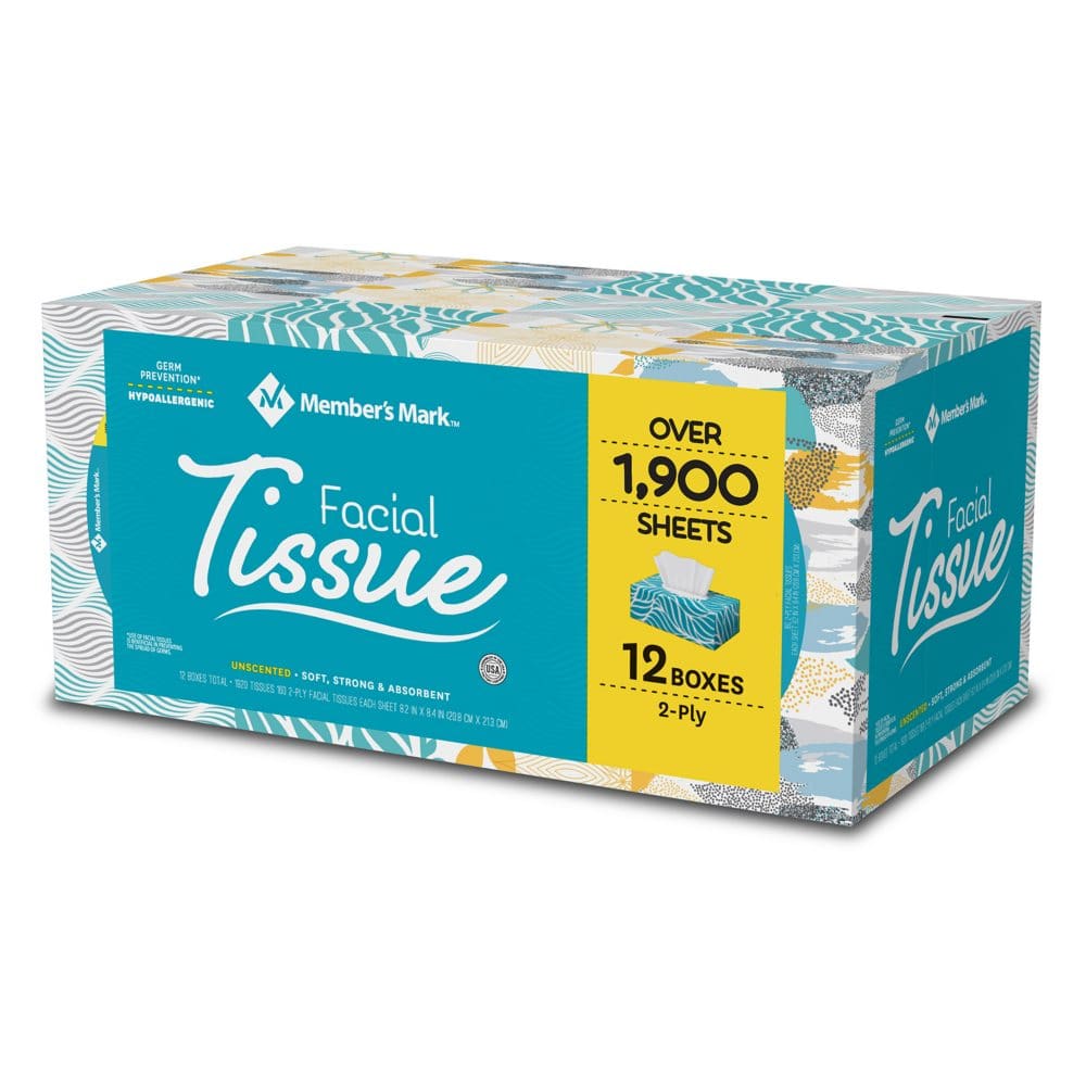 Member’s Mark 2-Ply Facial Tissues Flat Boxes (160 tissues/box 12 boxes) (Pack of []) - First Day of School Essentials - Member’s