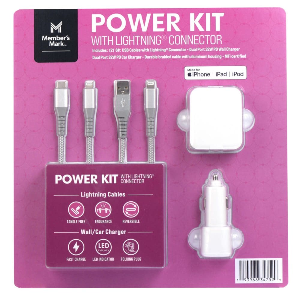 Member’s Mark Lightning USB Power PD Pack - With Car & Wall Charger & 2 Apple Lightning Cables - Cell Phone Accessories - Member’s