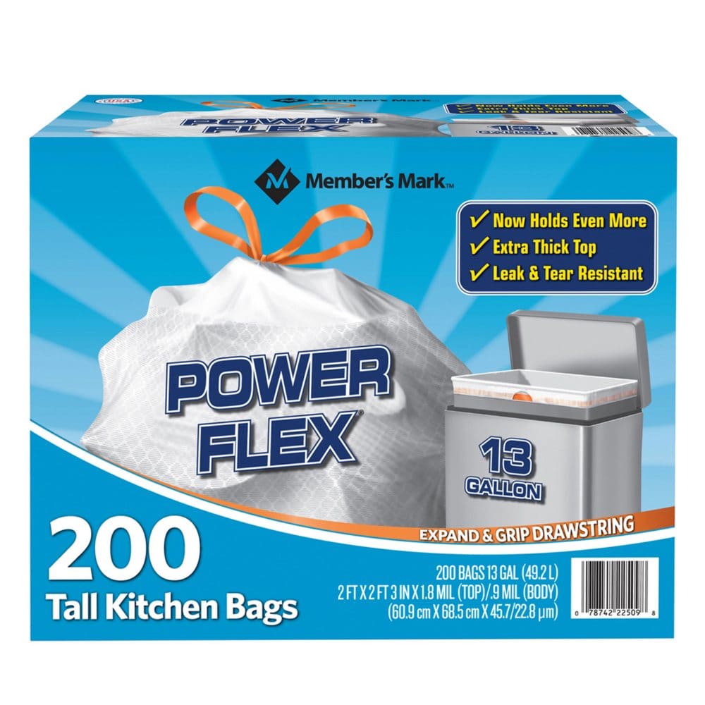 Member’s Mark Power Flex Tall Kitchen Drawstring Trash Bags Unscented (13 gal. 200 ct.) - First Day of School Essentials - Member’s