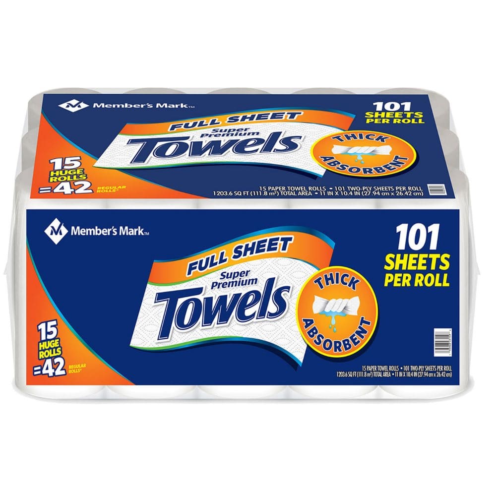 Member’s Mark Premium Full Sheet 2-Ply Paper Towels Huge Rolls (101 sheets/roll 15 rolls) (Pack of 10) - Paper & Plastic - Member’s