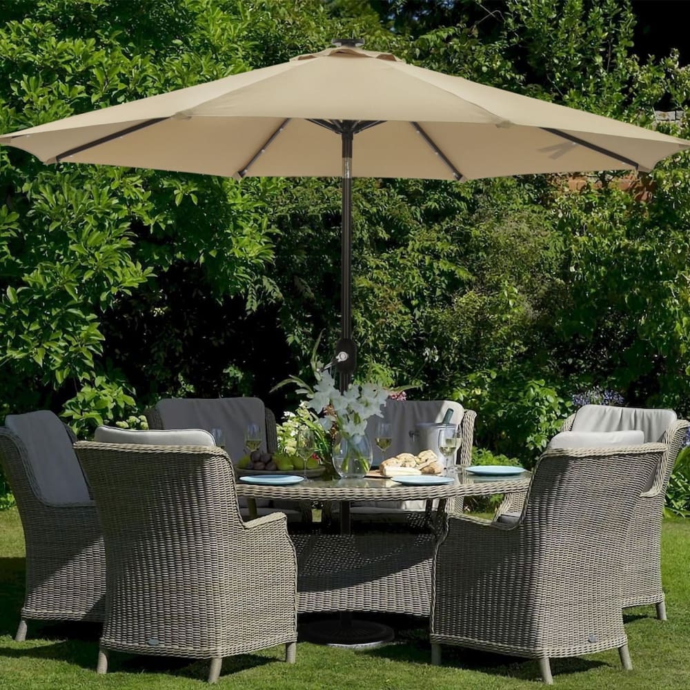 MISSBRELLA 9’ 32-LED Lighted Market Solar Patio Table Aluminum Umbrella - Home/Lawn & Garden/Patio Furniture/Umbrellas & Outdoor Shading/ -