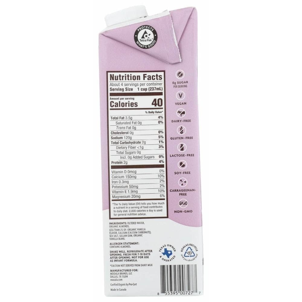MOOALA Unsweetened Vanilla Bean Almond Milk, 33.8 fo (Case of 4
