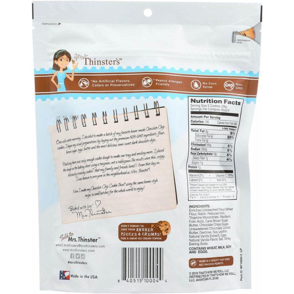 Mrs Thinsters Mrs Thinsters Cookie Thin Chocolate Chip, 4 oz