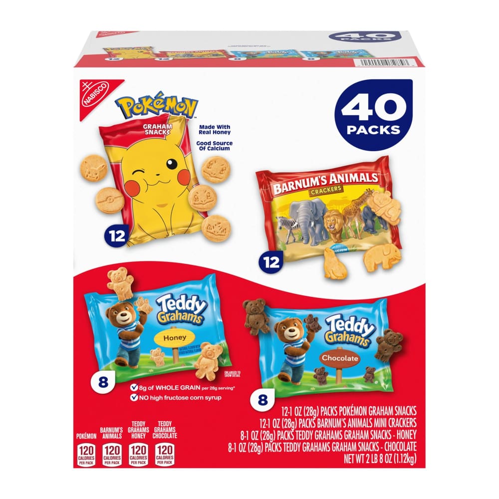 Nabisco Pokemon Grahams, Teddy Grahams, and Barnum's Animal Crackers Snack Packs, 40 pk