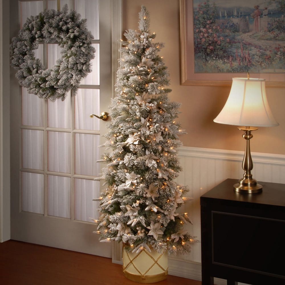 National Tree Company 6’ Frosted Colonial Slim Half Tree with Clear Lights - Wreaths Garlands & Topiary - National