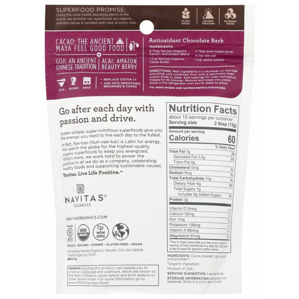 NAVITAS Navitas Cacao Powder Antioxidant, 8 Oz