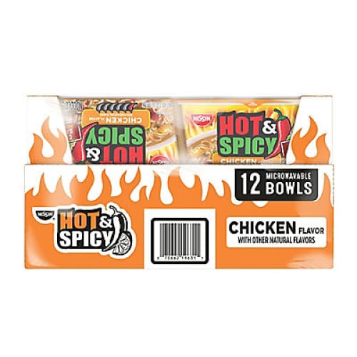 Nissin Foods USA Hot & Spicy Bowl Chicken 12 pk./3.32 oz. - Home/Grocery/Pantry/Soups Ramen & Broth/ - Nissin Foods