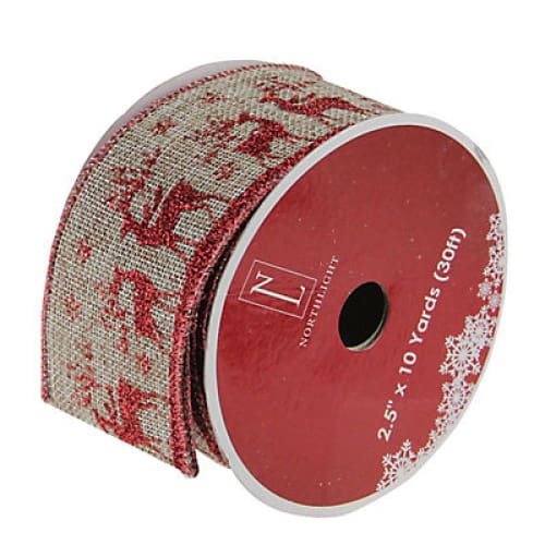 Northlight 2.5 x 12 Yards Burlap Reindeer Wired Christmas Craft Ribbon Spools - Red and Brown - Home/Seasonal/Holiday/Holiday Decor/Wrapping