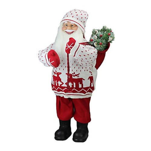 Northlight 25 Santa in Knit Deer Sweater with Sack of Pine Figure Decoration - White and Red - Home/Seasonal/Holiday/Holiday Decor/Christmas