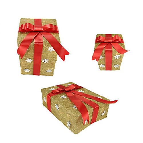 Northlight 3-Pc. 13 Pre-Lit Snowflake Gift Box Outdoor Christmas Yard Art Decor - Gold and Red - Home/Seasonal/Holiday/Holiday
