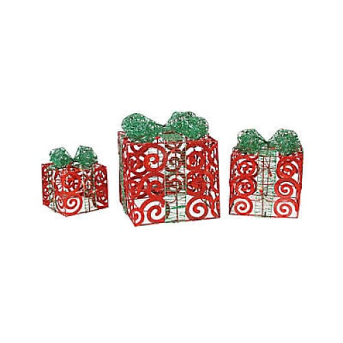 Northlight 3-Pc. Lighted Sparkling Swirl Glitter Gift Boxes Outdoor Christmas Decorations - Red - Home/Seasonal/Holiday/Holiday