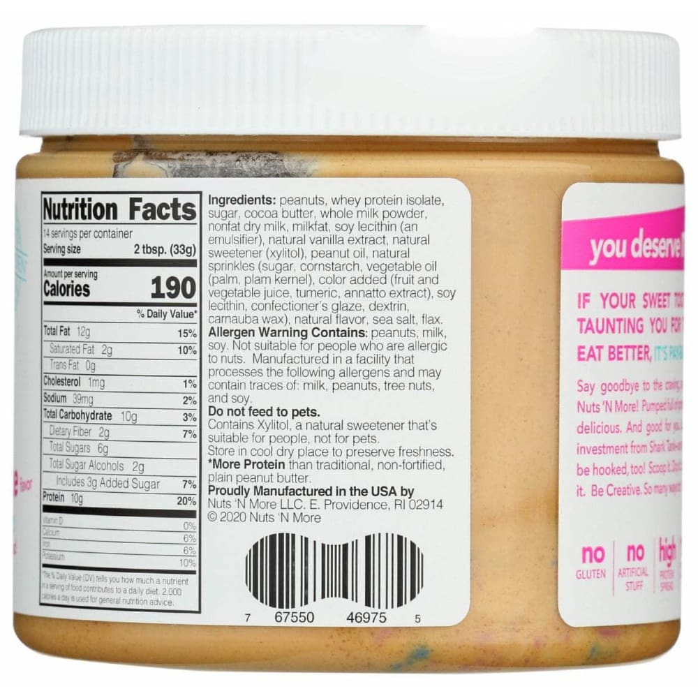 NUTS N MORE Grocery > Dairy, Dairy Substitutes and Eggs > Butters > Peanut Butter NUTS N MORE: Birthday Cake High Protein Peanut Butter Spread, 16.3 oz