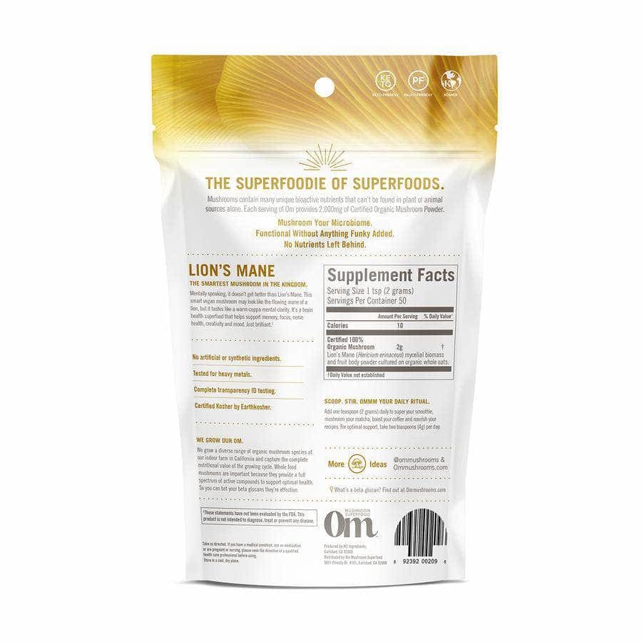 OM ORGANIC MUSHROOM NUTRITION Om Organic Mushroom Nutrition Lions Mane Mushroom Supplement Powder, 100 Gm
