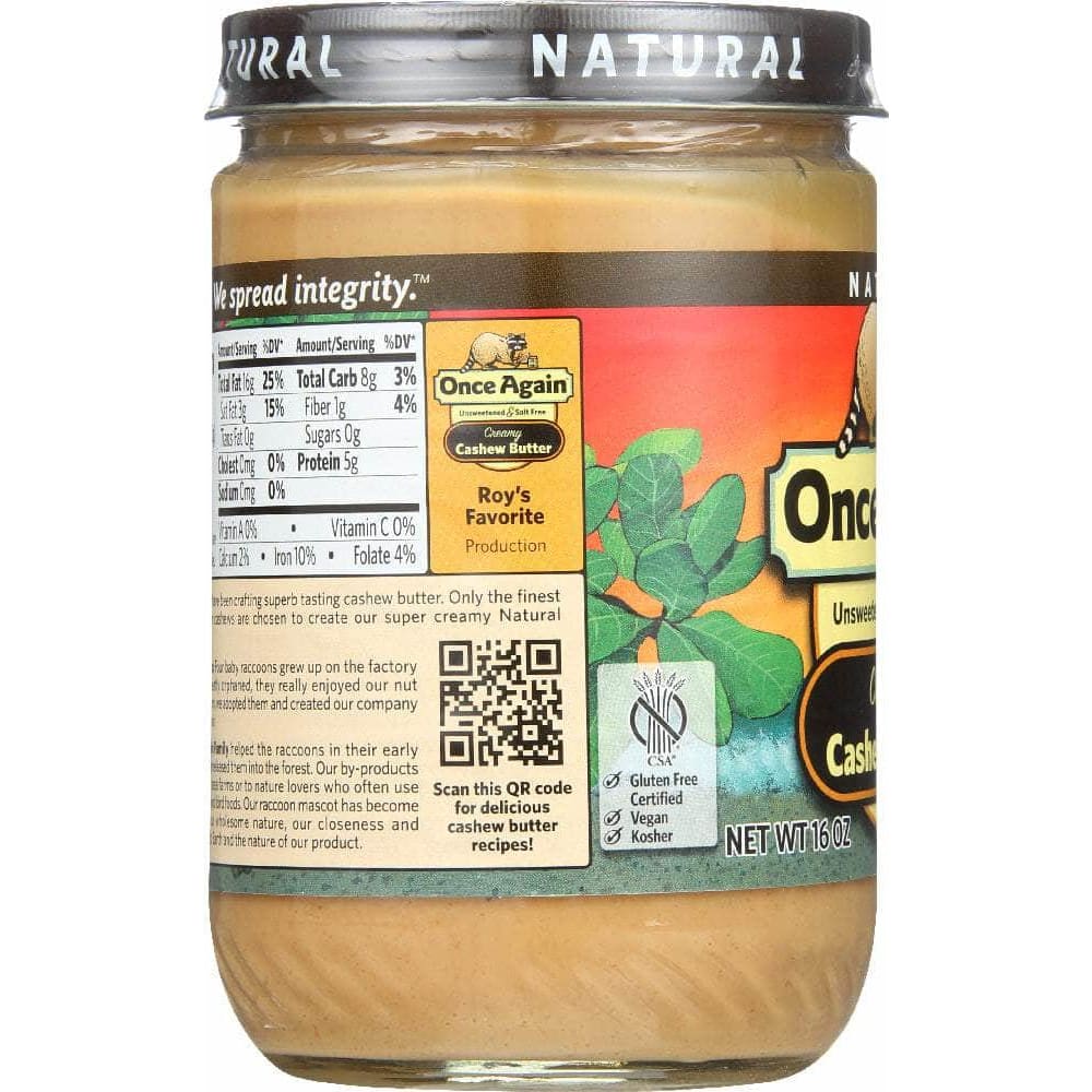 Once Again Once Again Cashew Creamy Butter Unsweetened and Salt Free, 16 oz