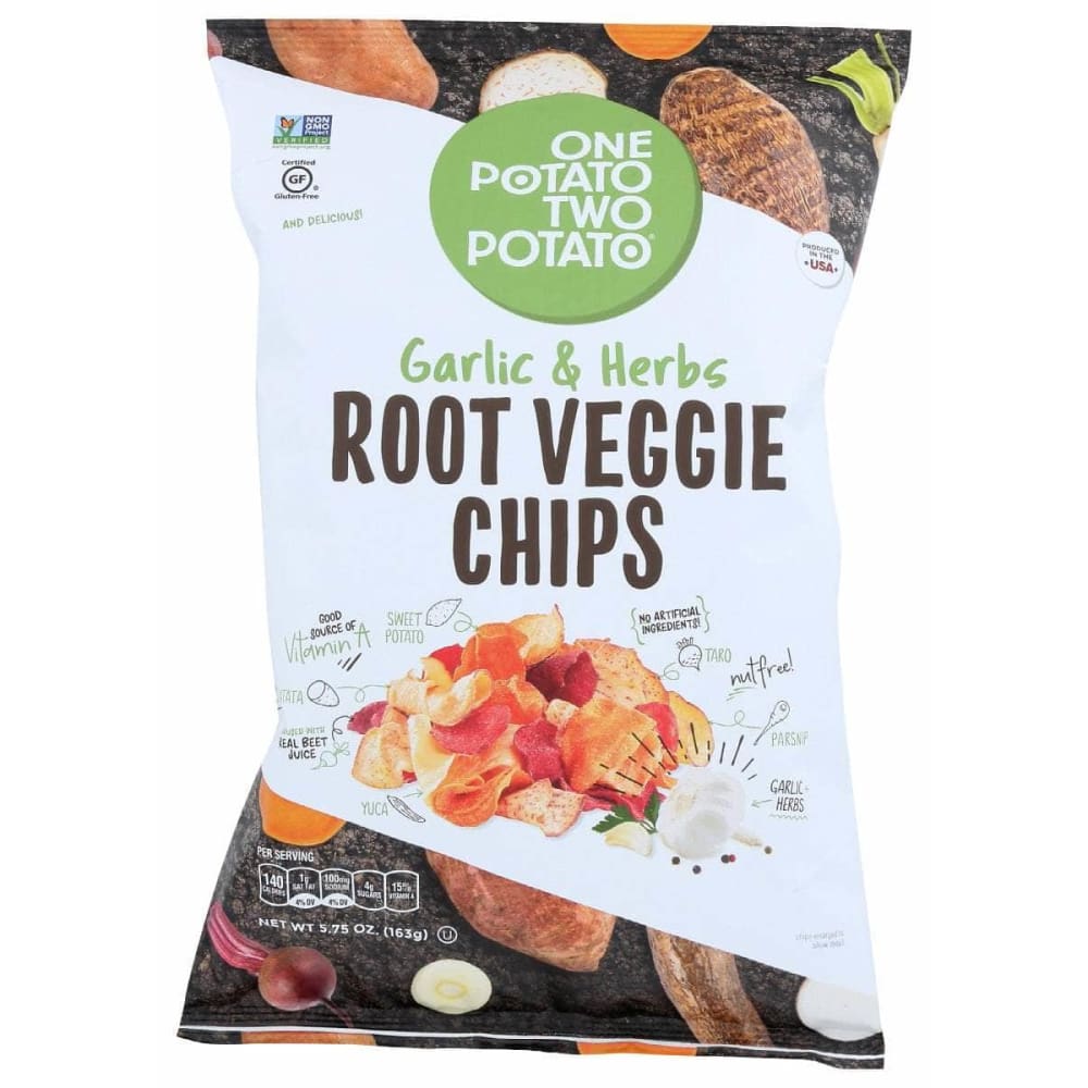 ONE POTATO TWO POTATO Grocery > Snacks > Chips > Vegetable & Fruit Chips ONE POTATO TWO POTATO: Chip Root Veg Grlc Herb, 5.75 oz