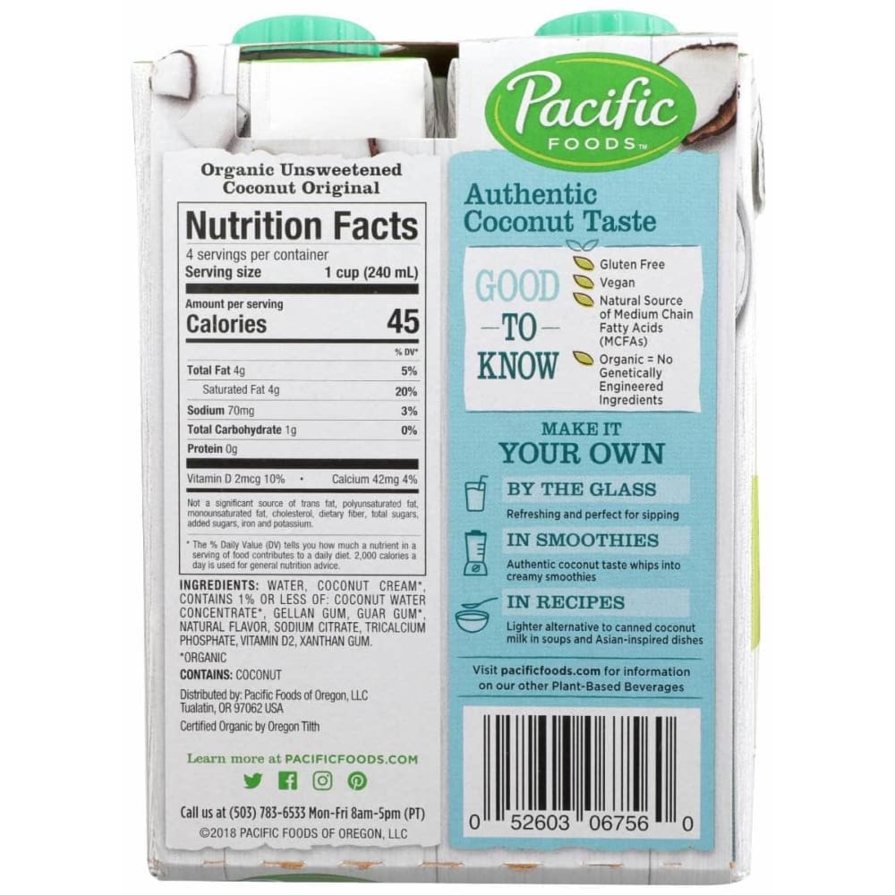 PACIFIC FOODS Pacific Foods Bev Coconut Unswtnd 4Pk, 32 Fo