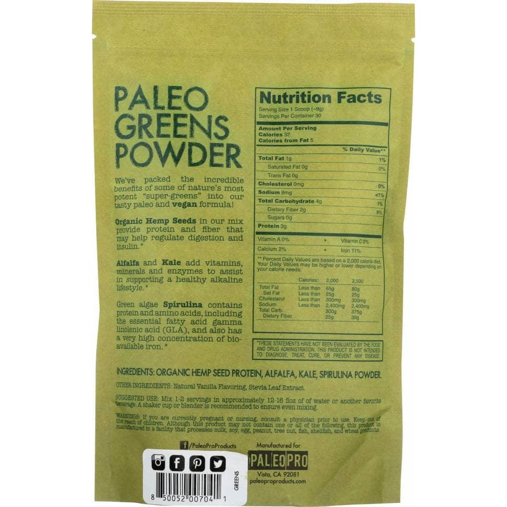 PALEOPRO Vitamins & Supplements > Food Supplements > SUPPLEMENTS GREEN FOOD PALEO PRO: Paleo Greens Powder, 9.4 oz