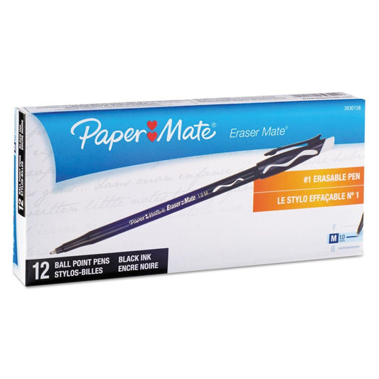 Paper Mate - Eraser Mate Ballpoint Stick Erasable Pen Black Ink Medium - Dozen (Pack of 2) - Pens Pencils & Markers - Paper