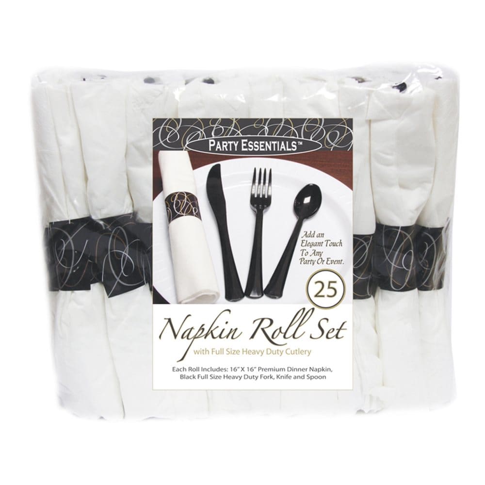 Party Essentials Napkin Roll Bag Set with Black Cutlery (4 - 25 ct. packs 100 total) - Disposable Tableware - Party