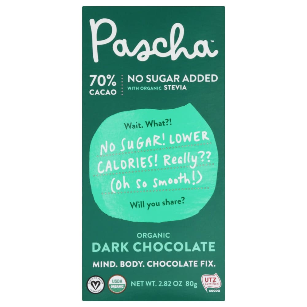 PASCHA: 70Percent Cacao No Sugar Added Organic Dark Chocolate Bar 2.82 oz (Pack of 5) - PASCHA