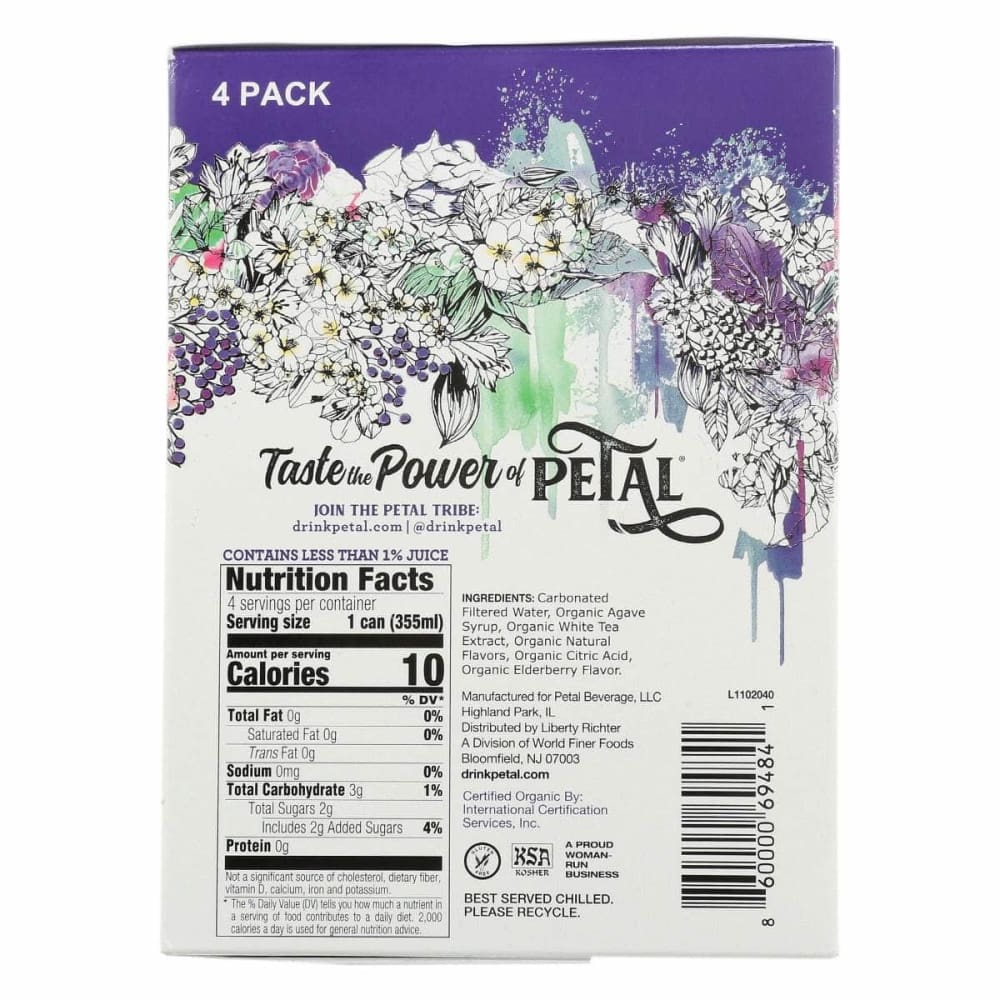 PETAL Grocery > Beverages > Water > Sparkling Water PETAL: Sparkling Elderberry White Tea Flower 4 Pk, 48 fo