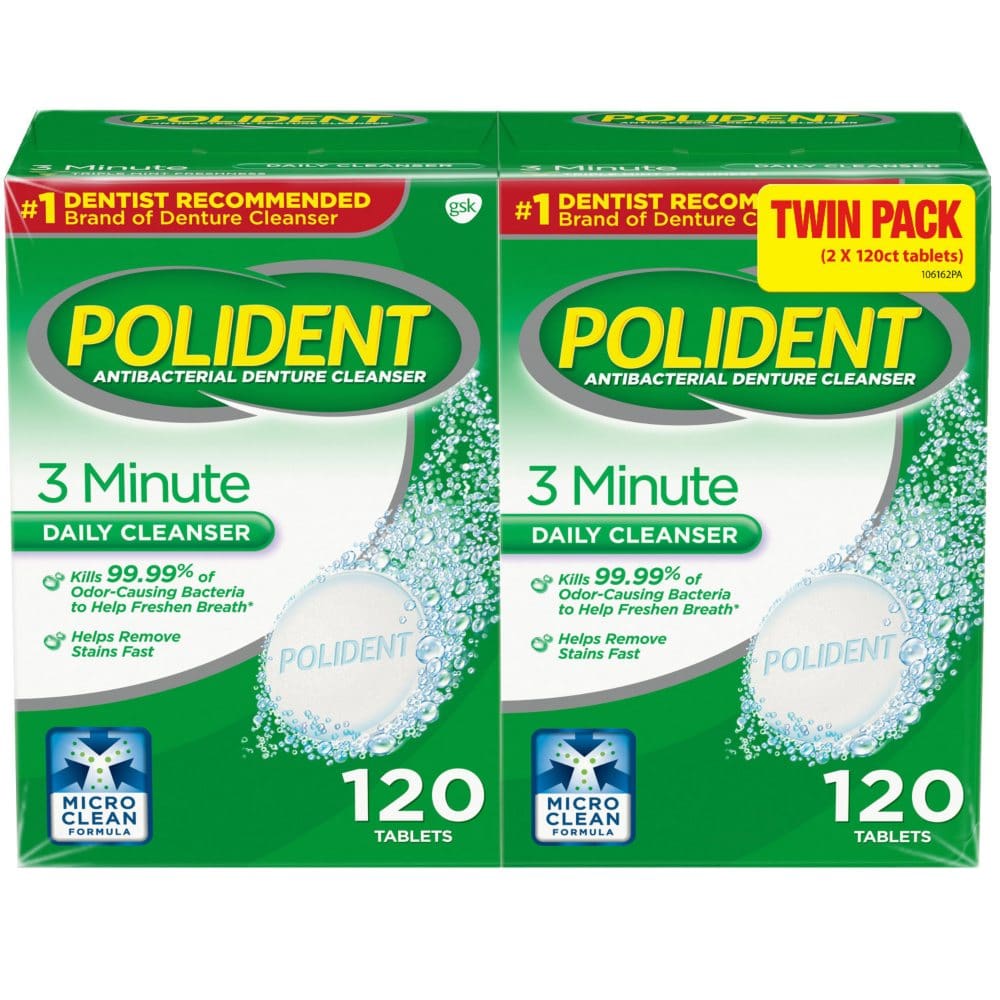 Polident 3-Minute Triple-Mint Antibacterial Denture Cleanser Effervescent Tablets (240 ct.) - Denture Care - Polident 3-Minute