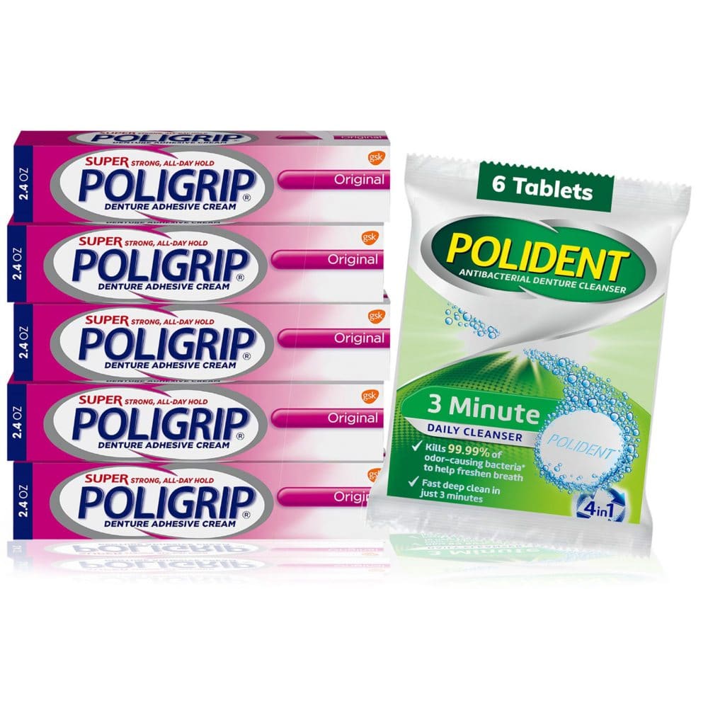 Poligrip Denture Adhesive Cream (2.4 oz. 5 ct.) + Polident Cleanser (6 Tablets) - New Health & Wellness - ShelHealth