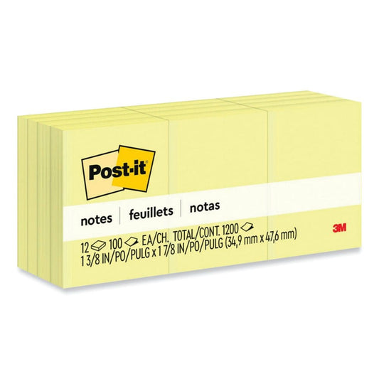 Post-it Notes Original Notes 1-1/2 x 2 100 Sheet Pads 12 Pads 1,200 Total Sheets Canary Yellow (Pack of 2) - Sticky Notes & Flags - Post-it