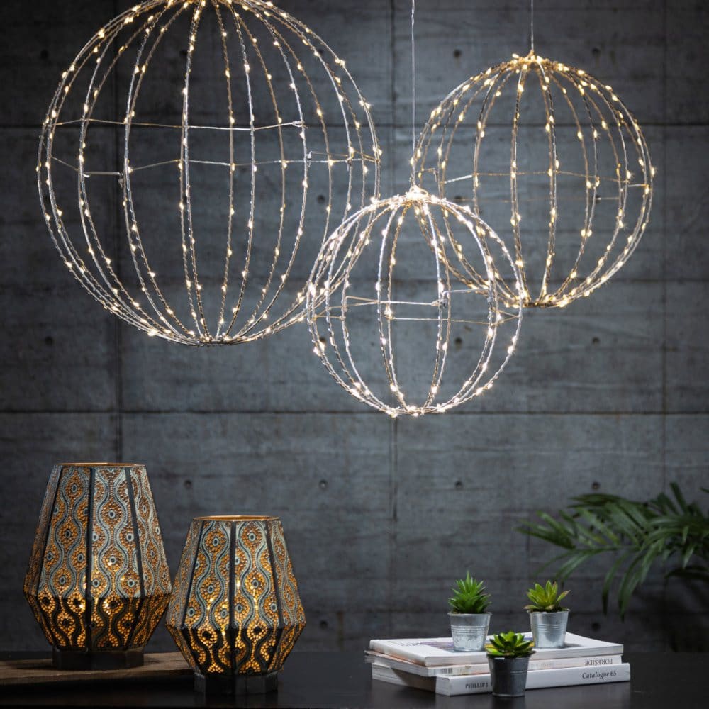 Pre-Lit Foldable Silver Metal Spheres Set of 3 - Indoor Christmas Decor - Pre-Lit
