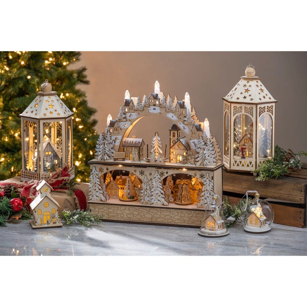 Pre-Lit Laser Cut Wood Village Scene - Indoor Christmas Decor - Pre-Lit