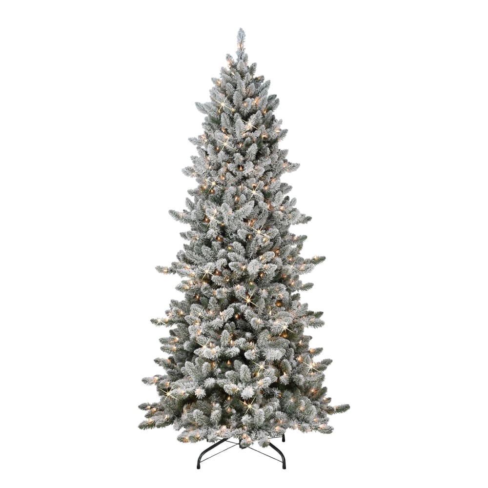 Puleo International 7.5’ Slim Flocked Royal Majestic Spruce Pre-Lit Tree - Home/Seasonal/Holiday Home/Holiday Home Decor/Christmas Trees/ -