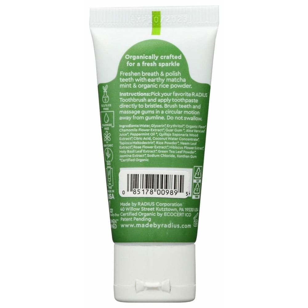 RADIUS Beauty & Body Care > Oral Care > Toothpastes & Toothpowders RADIUS: Matcha Mint Organic Toothpaste, 0.8 oz