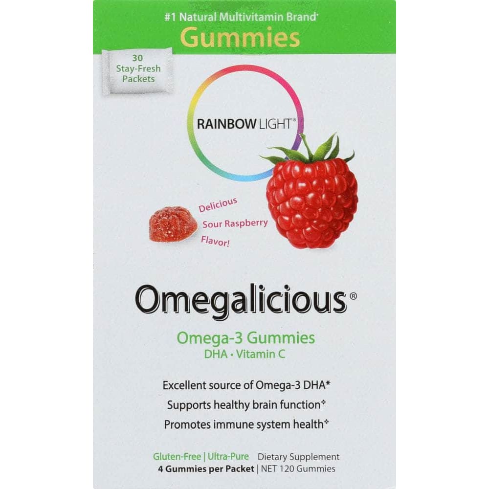 RAINBOW LIGHT Categories > Supplements > EFA, Omega 3 6 9 ( EPA DHA ) > DHA / EPA Formulas RAINBOW LIGHT: Omegalicious Omega-3 Gummies Sour Raspberry, 30 Packets