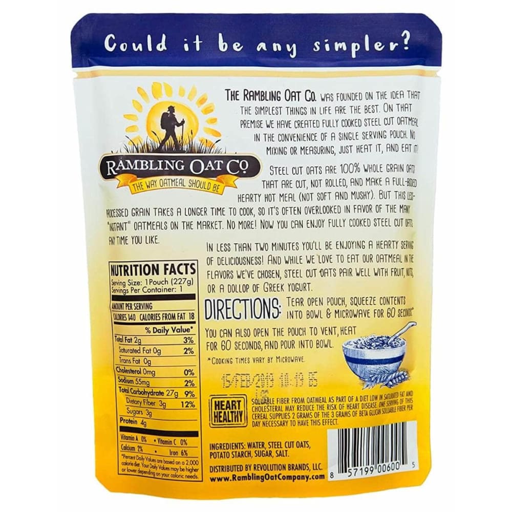 RAMBLING OAT COMPANY Grocery > Breakfast > Breakfast Foods RAMBLING OAT COMPANY: Steel Cut Oatmeal Original, 9.1 oz