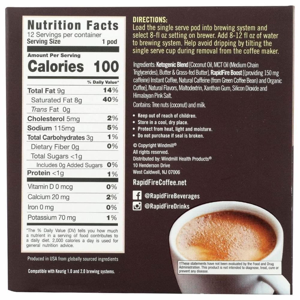 RAPID FIRE Grocery > Beverages > Coffee, Tea & Hot Cocoa RAPID FIRE: Keto Coffee Pods French Vanilla Flavor, 12 ea