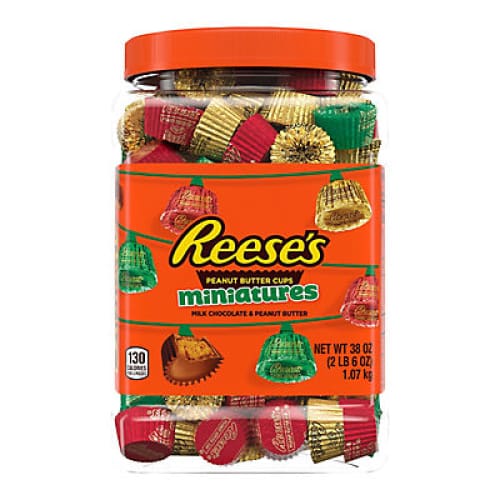Reese’s Miniatures Milk Chocolate Peanut Butter Cups Christmas Candy Bulk Jar 38 oz. - Home/Seasonal/Holiday/Holiday Candy & Gift Baskets/ -