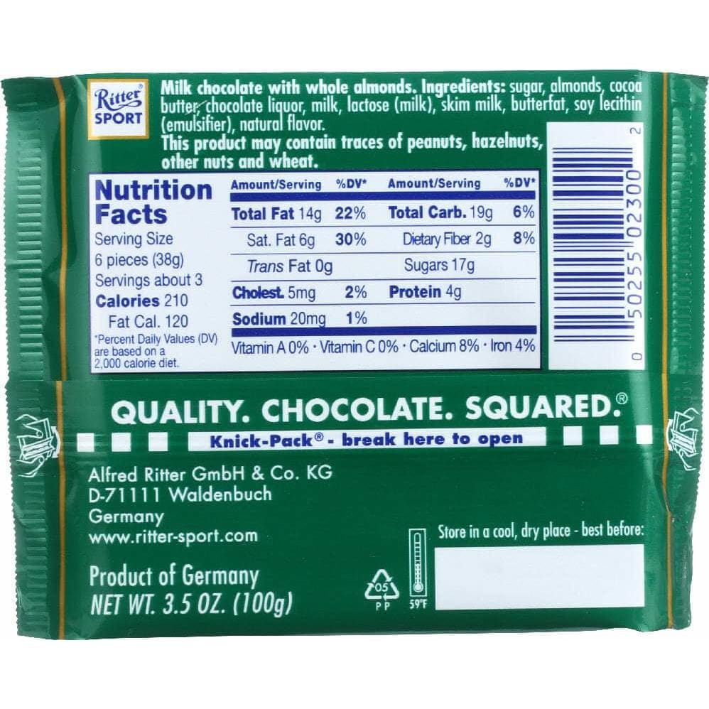 Ritter Sport Ritter Sport Milk Chocolate with Whole Almonds, 3.5 oz